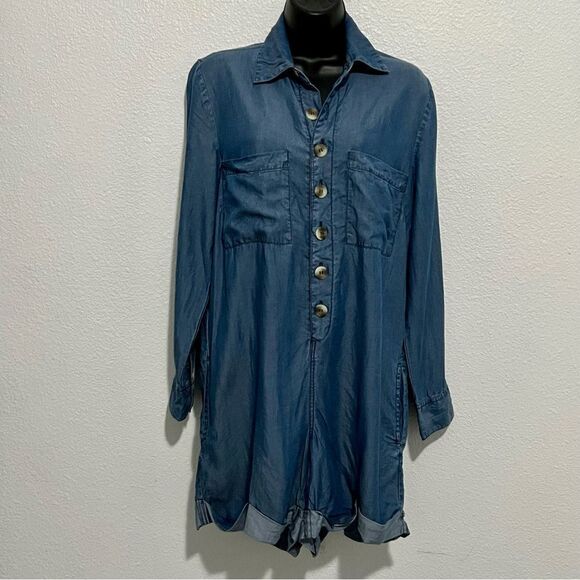 NWOT Elan Denim Lyocell Chambray Drop Waist Cuffed Playsuit Romper Shorts S - Picture 5 of 16